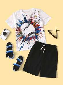 SHEIN Boys Splash Print Tee and Shorts Set - Black and White - View 1