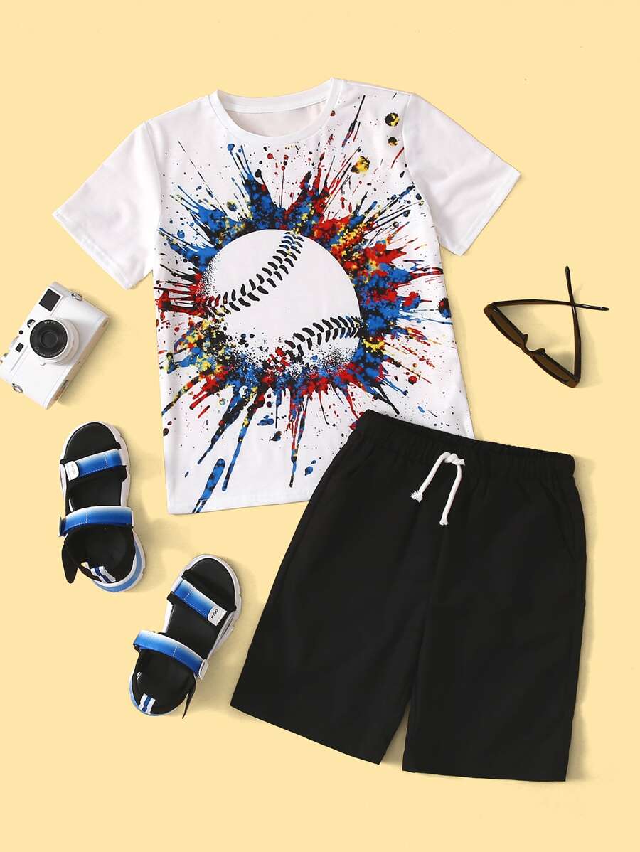 SHEIN Boys Splash Print Tee and Shorts Set - Black and White - View 1
