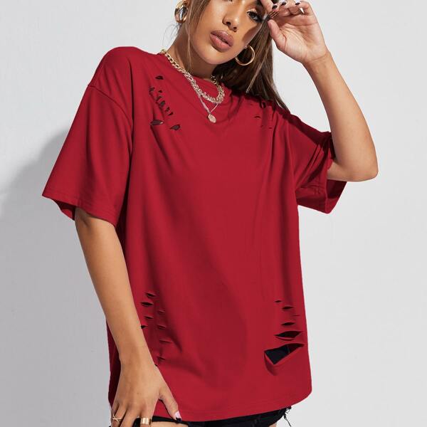 

Drop Shoulder Ripped Detail Tee, Red