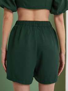 Solid Elastic Waist Shorts - Dark Green - View 2