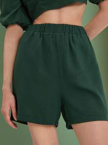 Solid Elastic Waist Shorts - Dark Green - View 3