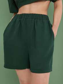 Solid Elastic Waist Shorts - Dark Green - View 4