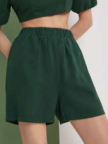 Solid Elastic Waist Shorts - Dark Green - View 5