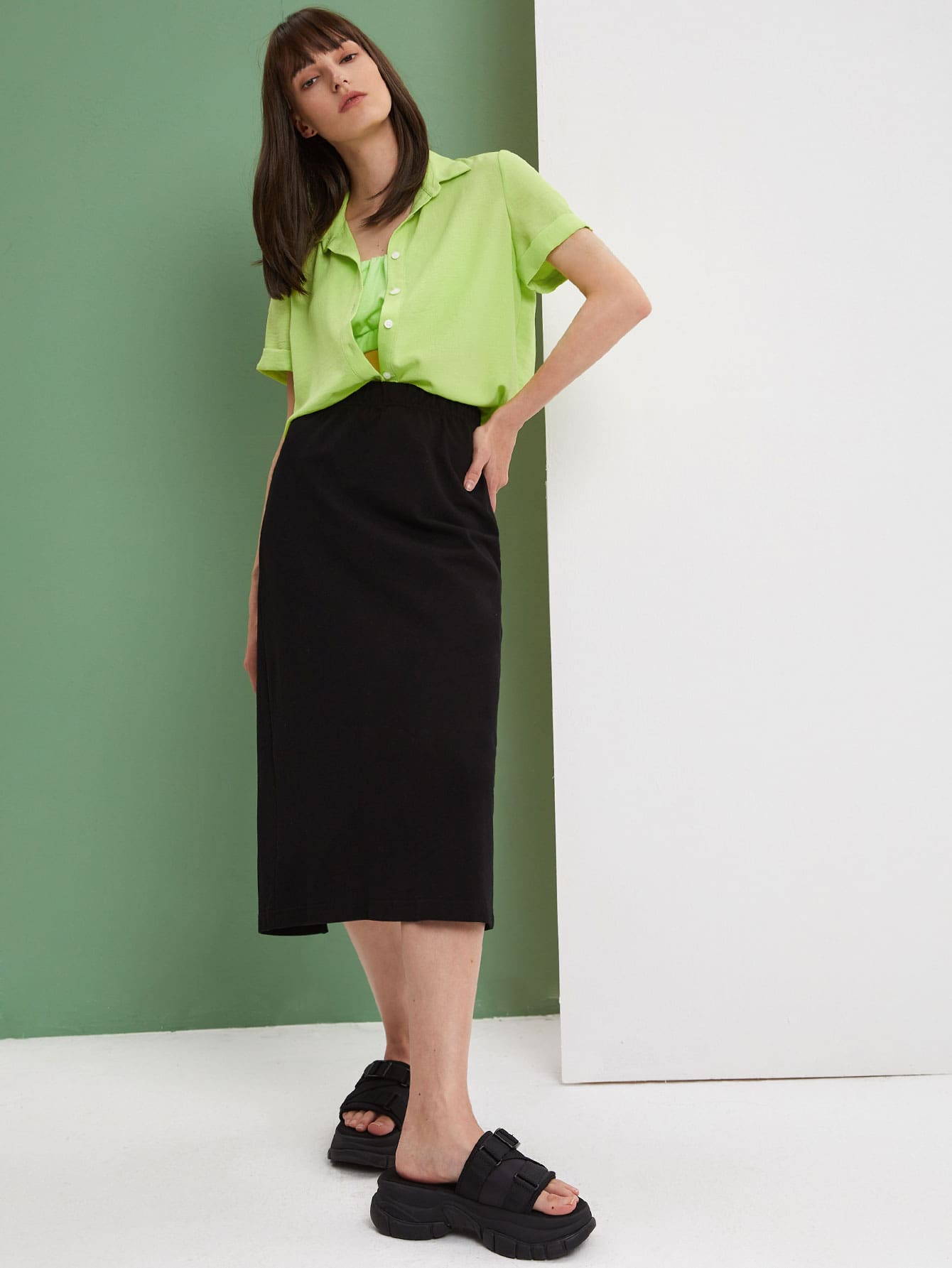Solid Roll Up Sleeve Shirt Without Camisole