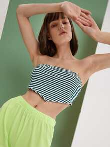 SHEIN Unity 條紋印花不對稱下擺抹胸短款上衣 - 彩色 - 查看 1