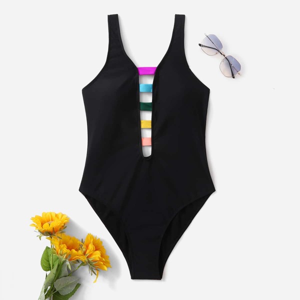 

Plus Cut-out Plunging One Piece Swimsuit, Black
