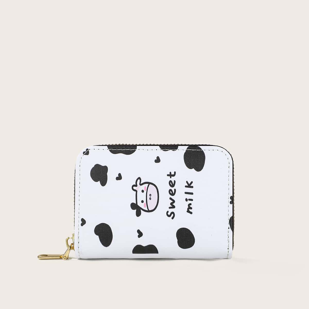 

Cow Print Zip Around Purse, White