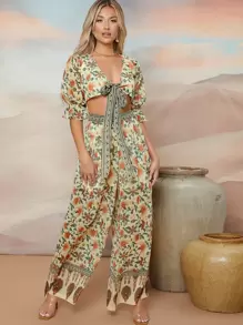 SHEIN Jumpsuit puño con fruncido con cordón delantero con estampado floral - Multicolor - Ver 1
