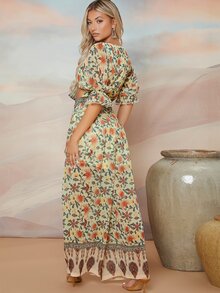 SHEIN Jumpsuit puño con fruncido con cordón delantero con estampado floral - Multicolor - Ver 2