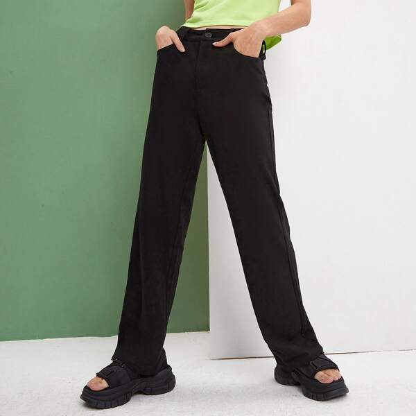 

High Waist Solid Straight Leg Pants, Black