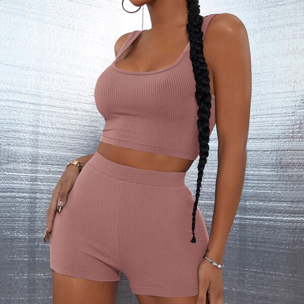 

Rib-knit Solid Tank Top & Biker Shorts Set, Dusty pink