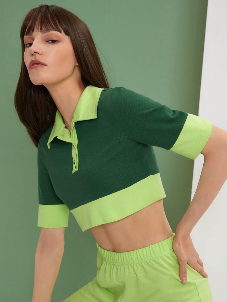 SHEIN EZwear Jersey corto de color combinado con botón - Verde - Añade 1