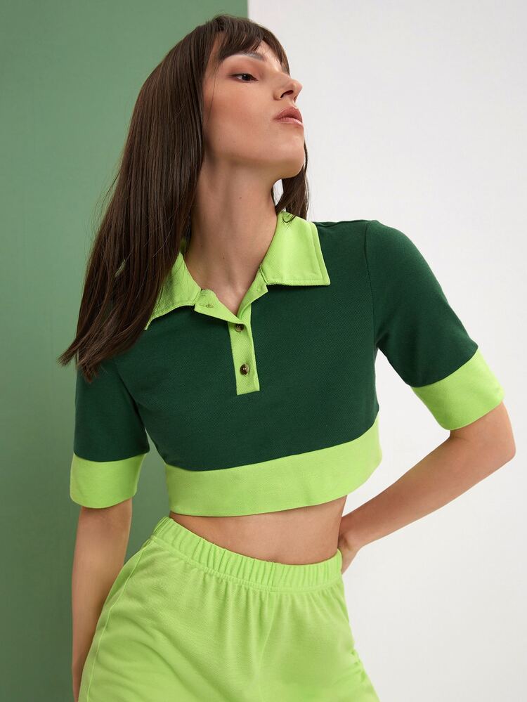 SHEIN EZwear Jersey corto de color combinado con botón - Verde - Añade 3