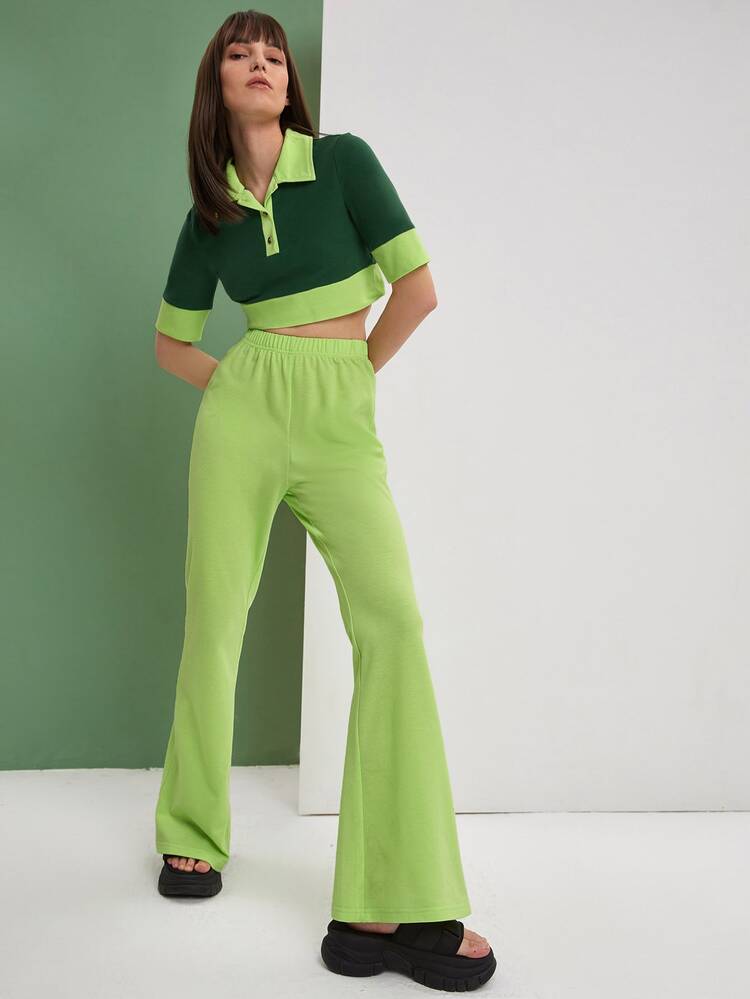 SHEIN EZwear Jersey corto de color combinado con botón - Verde - Añade 4