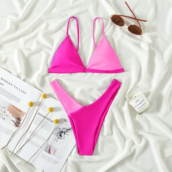 

Color Block Triangle High Cut Bikini Swimsuit, Pink