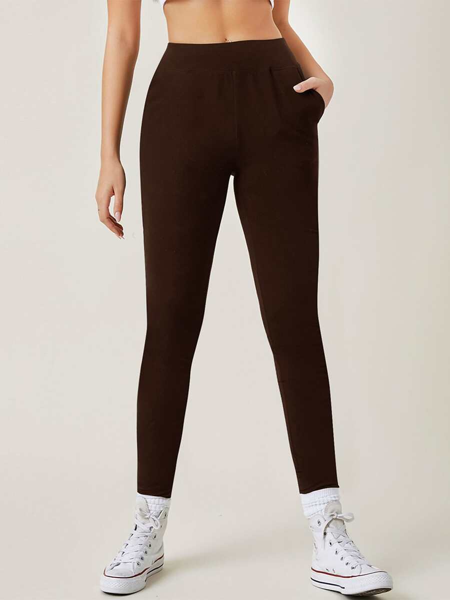 SHEIN BASICS Pantalones ajustados con bolsillo oblicuo - Marrón Chocolate - Ver 1