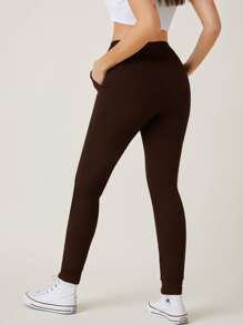 SHEIN BASICS Pantalones ajustados con bolsillo oblicuo - Marrón Chocolate - Ver 2