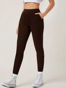 SHEIN BASICS Pantalones ajustados con bolsillo oblicuo - Marrón Chocolate - Ver 3