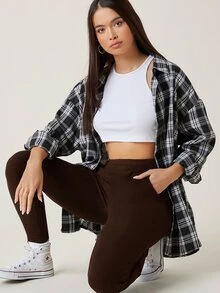 SHEIN BASICS Pantalones ajustados con bolsillo oblicuo - Marrón Chocolate - Ver 4