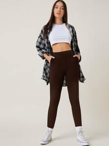 SHEIN BASICS Pantalones ajustados con bolsillo oblicuo - Marrón Chocolate - Ver 5