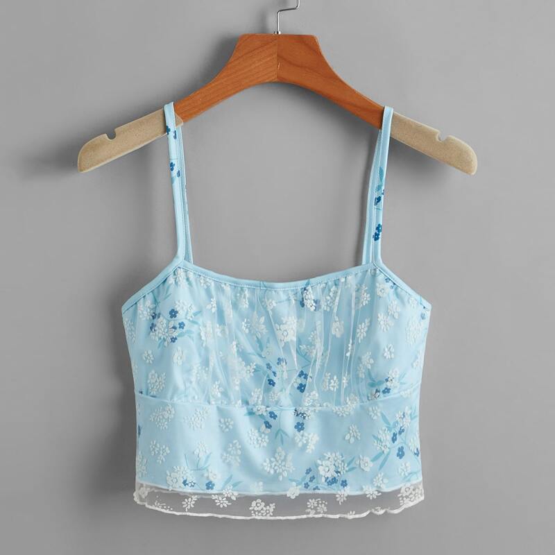 

Ditsy Floral Contrast Mesh Crop Cami, Baby blue
