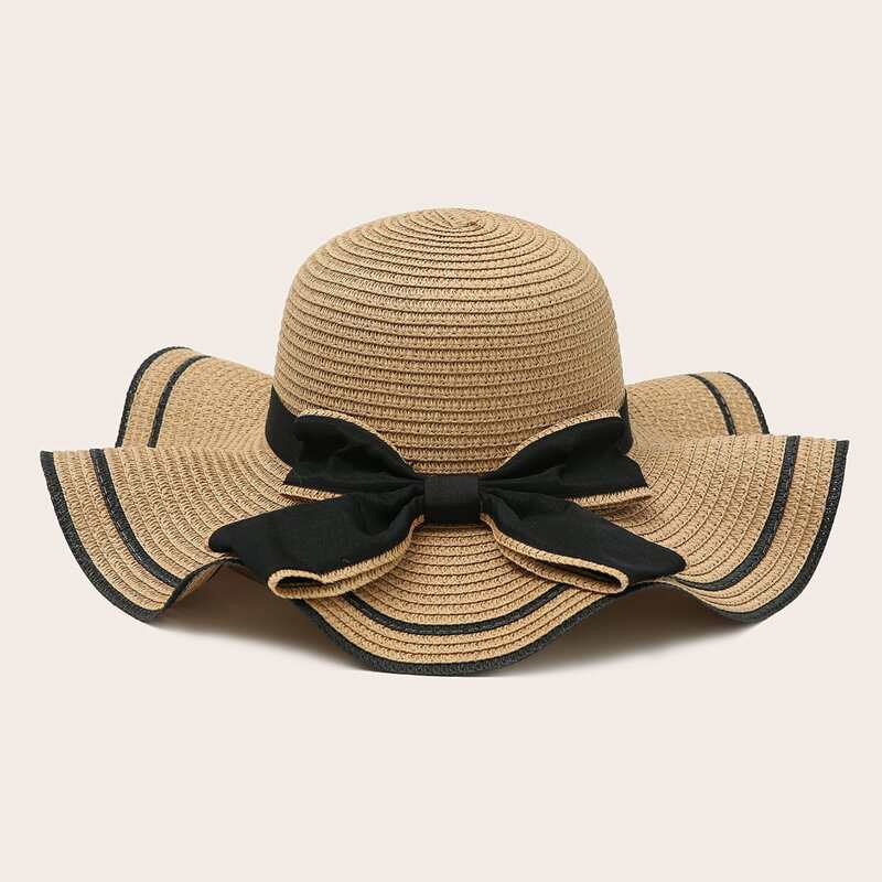 

1pc Bow Decor Straw Hat, Khaki