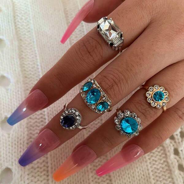 

5pcs Rhinestone Decor Ring, Multicolor