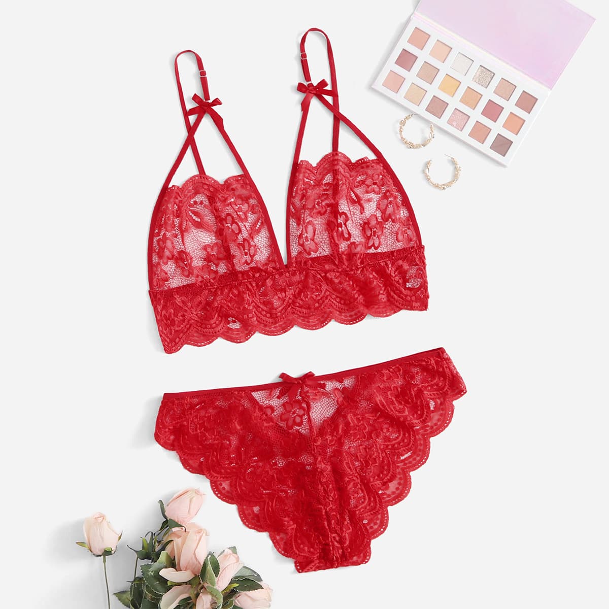 

Plus Floral Lace Scallop Trim Lingerie Set, Red