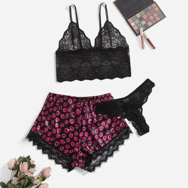 

3pack Plus Lip Print Contrast Lace Satin Lingerie Set, Multicolor