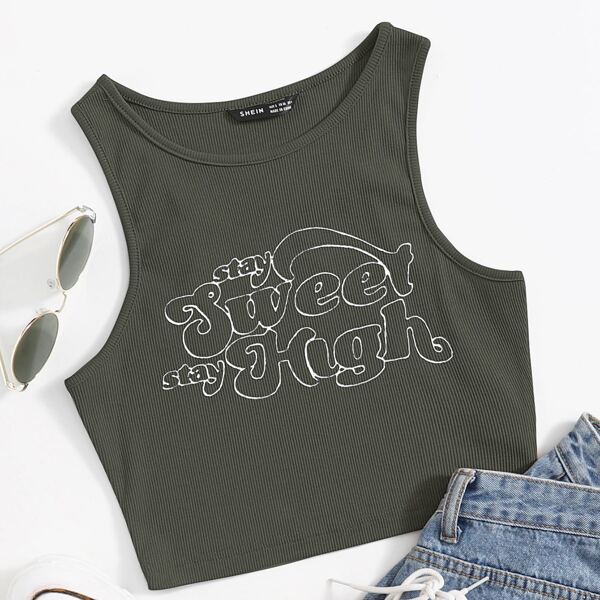 

Slogan Graphic Crop Tank Top, Dark green