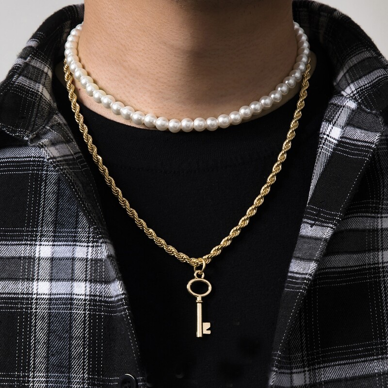 

Guys 2pcs Faux Pearl Necklace, Gold