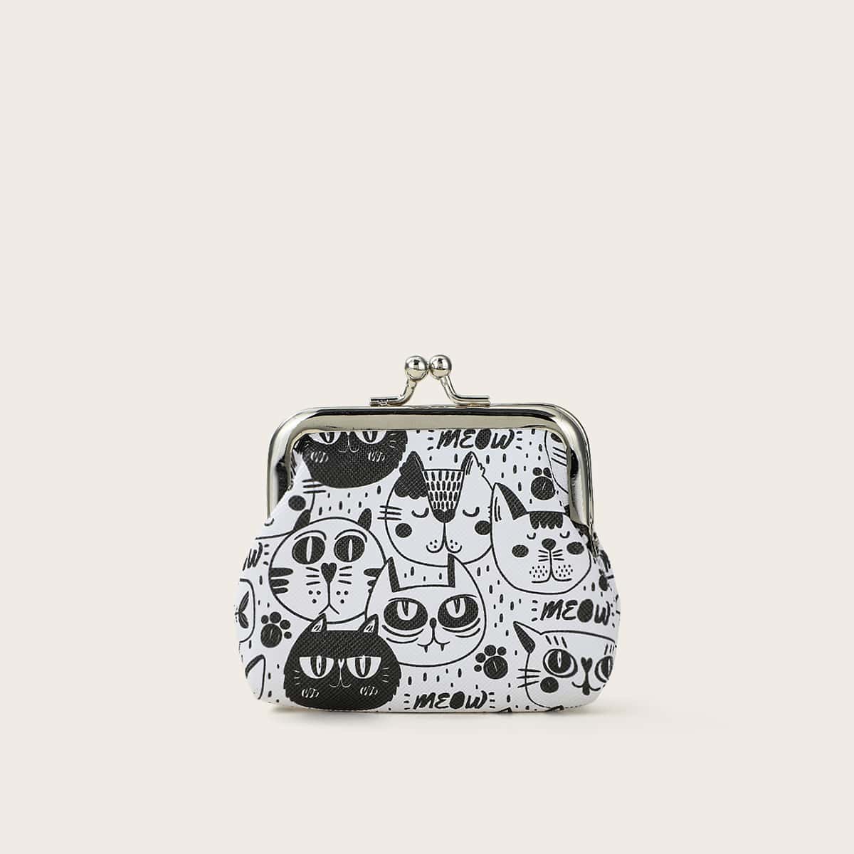 

Cat Graphic Pattern Kiss Lock Wallet, Black and white