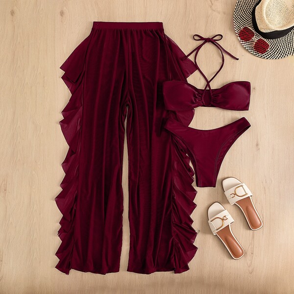 

3pack Solid Halter Bikini Swimsuit & Cover Up Pants, Burgundy