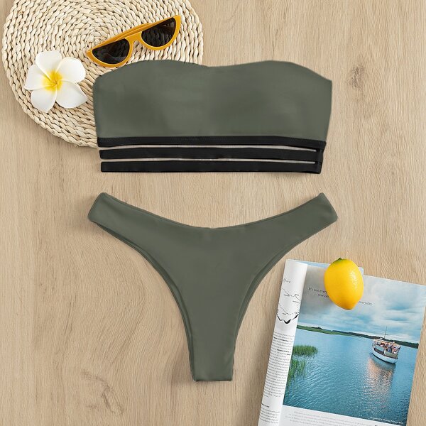 

Mesh Trim Bandeau Bikini Swimsuit, Army green