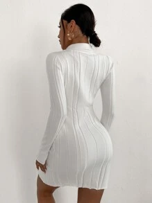 Button Front Rib-knit Jumper Dress - White - View 2