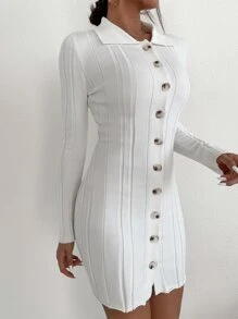 Button Front Rib-knit Jumper Dress - White - View 5