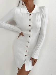 Button Front Rib-knit Jumper Dress - White - View 6