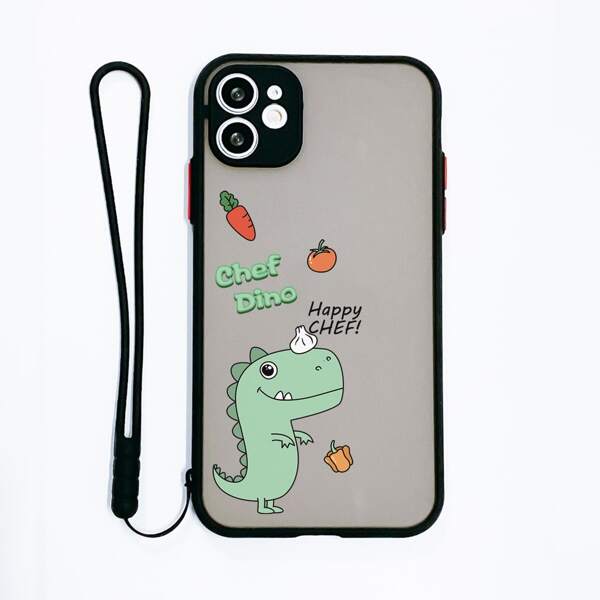 

Cartoon Dinosaur Print Phone Case With Lanyard, Black