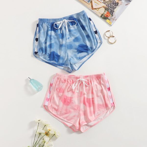 

2pcs Tie Dye Bow Waist Sleep Shorts, Multicolor