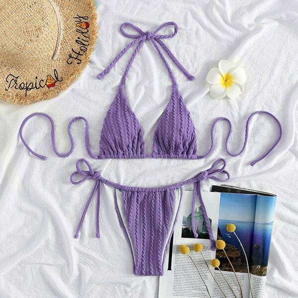 

Textured Triangle Thong Bikini Swimsuit, Lilac purple