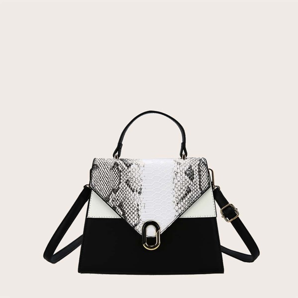 

Snakeskin Pattern Buckle Satchel Bag, Black