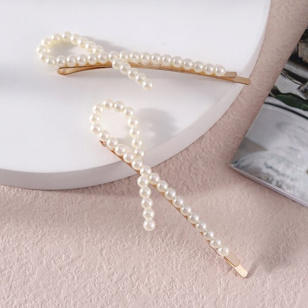 

2pcs Girls Faux Pearl Decor Hair Clip, Beige