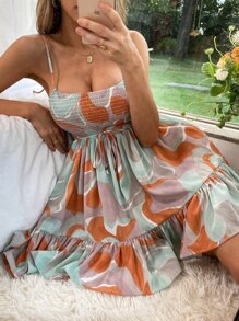 Aveloria Allover Print Shirred Knot Backless Cami Dress - Multicolor - View 6