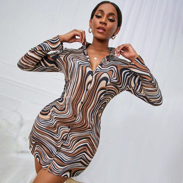 

Marble Print Button Up Slim Dress, Multicolor