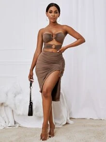 GENKIRA 鏤空開衩側洋裝 - 摩卡棕 - 查看 3