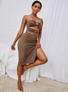 GENKIRA 鏤空開衩側洋裝 - 摩卡棕 - 查看 4