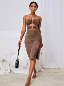 GENKIRA 鏤空開衩側洋裝 - 摩卡棕 - 查看 6