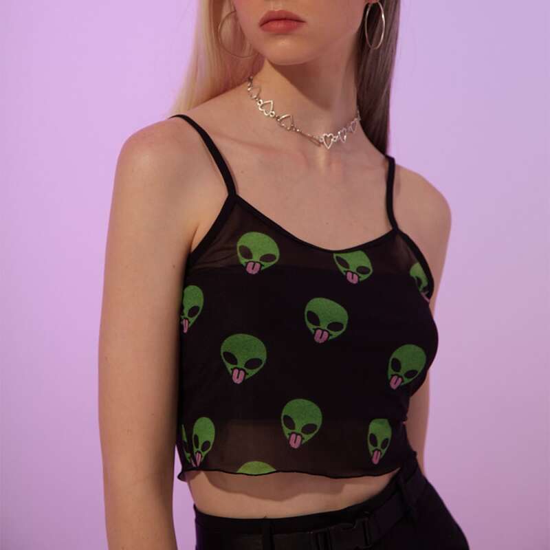 

Alien Graphic Mesh Crop Cami, Black
