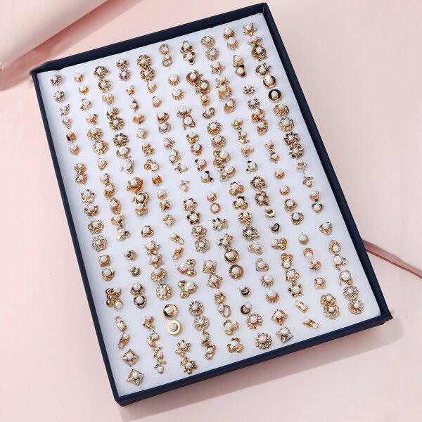 

100pairs Girls Random Style Stud Earrings, Gold