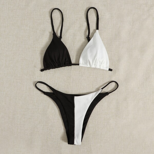

Color Block Rib Triangle Thong Bikini Swimsuit, Black and white